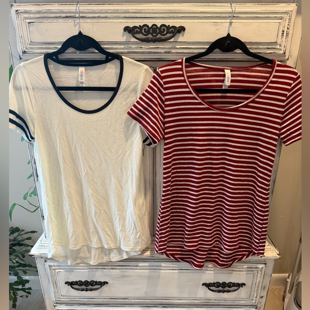 LuLaRoe duo- White Tee with Black Trim sleeve XS and maroon/white stripe XXS